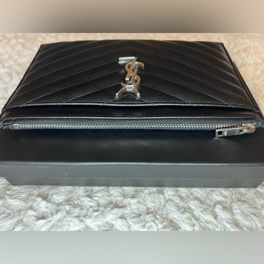 Authentic YSL Saint Laurent Monogrammed Quilted Calfskin Zip Pouch - Picture 2 of 9